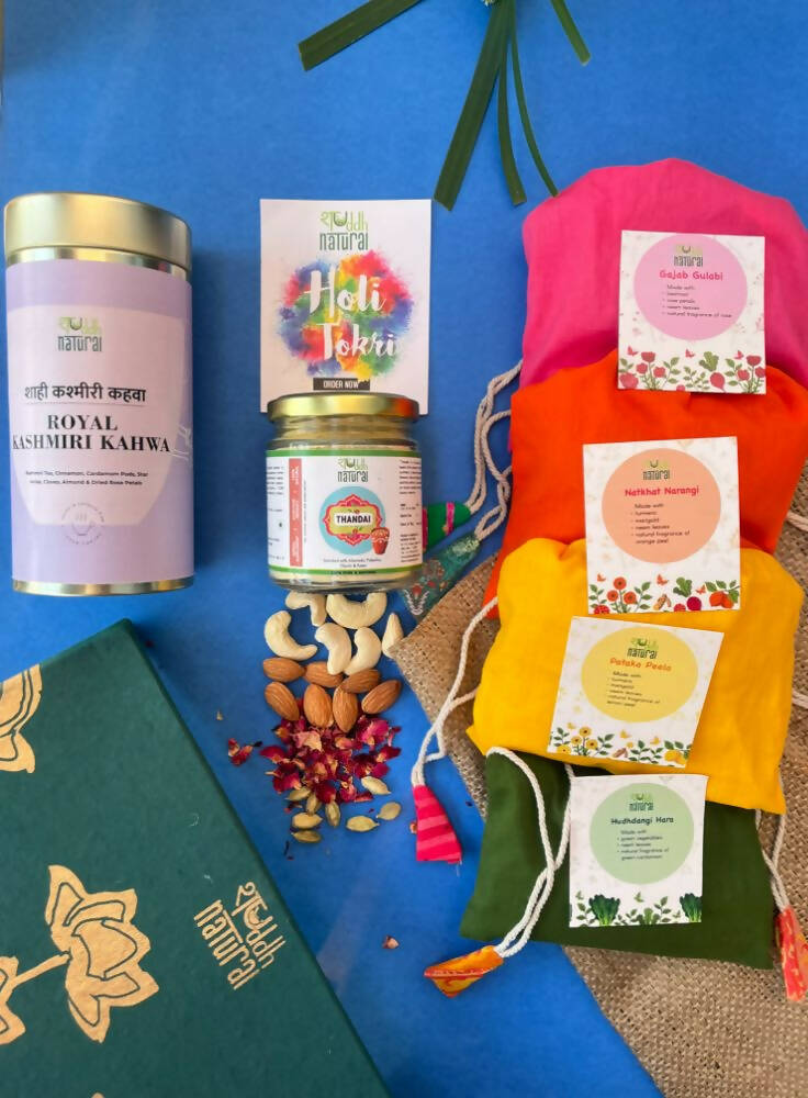Shuddh Natural Ubtan Based Herbal Gulal | Ayurvedic Thandai Powder |Kashmiri Kahwa| Holi Gift Hamper