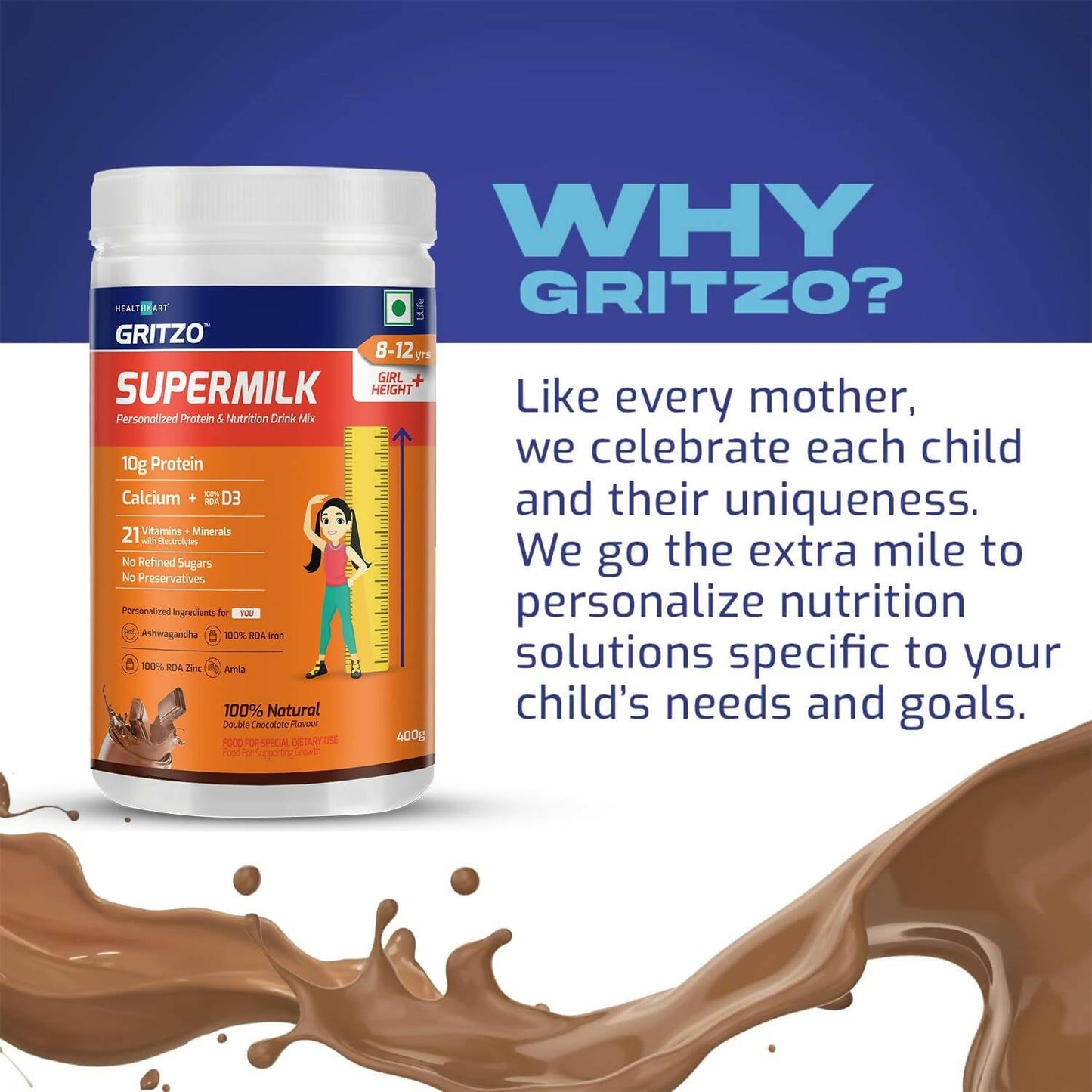 Gritzo SuperMilk Height+ Health Drink for 8-12y Girls - Double Chocolate Flavor